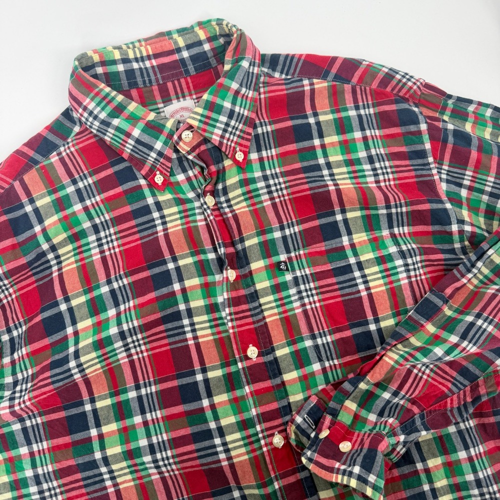 Brooks Brothers 346 Mens XL Plaid Button Down Shirt Red Green Cotton Long Sleeve